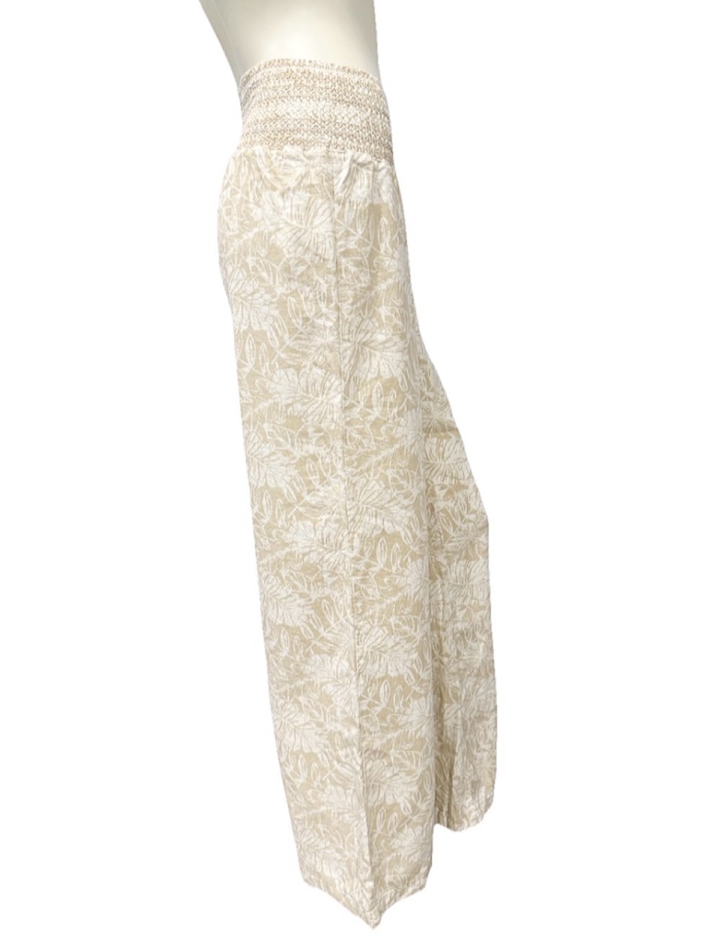 REWASH Linen Blend Wide Leg Pants Beige Tropical Print Smocked Waist Size M - Picture 2 of 7